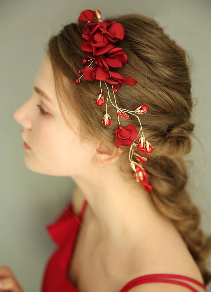 Chargances Wedding Bride Floral Red Headband Crystal Gold Hair Vine with Pearl Rhinestone Hair Accessory Boho Delicate Hair Piece Jewelry for Women and Girls - Image 3